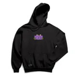 Canguro negro con capucha y bolsillo frontal tipo canguro. Presenta un estampado central con el logo de la marca en color violeta, rodeado por manos verdes y ojos expresivos.