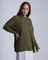 Sweater de punto con diseño de ochos, cuello redondo y mangas largas. Presenta un corte holgado con aberturas laterales en el ruedo.