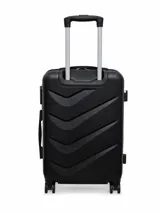 Valija rígida color negro, modelo Lagos de 20 pulgadas, con diseño texturizado de líneas diagonales en relieve, cuatro ruedas dobles y placa metálica con logo de la marca.