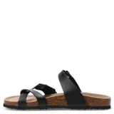 Sandalias tipo Birkenstock color blanco, con dos tiras ajustables con hebillas metálicas y suela de corcho con base de goma blanca.
