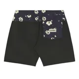 Boardshort Critical Slide Splatter Plain Jane de 16 pulgadas, color negro con cintura estampada en tono azul oscuro, cordón ajustable claro y detalle de etiqueta con logo en el dobladillo inferior.