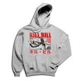 Canguro gris con capucha y bolsillo frontal tipo canguro. Presenta un estampado gráfico en el pecho inspirado en la película Kill Bill, con la protagonista sosteniendo una katana y texto en inglés y japonés.