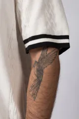 Camisa de punto de manga corta con cuello tipo bowling y cierre frontal de botones. Presenta un diseño texturizado con franjas verticales y detalles de contraste en blanco en los bordes de las mangas.