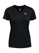 Remera deportiva Under Armour Tech para mujer, color negro con logo blanco en el pecho, cuello en V y mangas cortas.