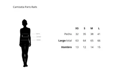 Remera negra de algodón con cuello redondo y mangas cortas. Estampado frontal con la leyenda "Rails Paris" y un dibujo de la ciudad de París.