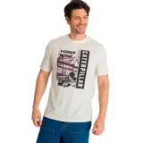 Remera de manga corta color crema con cuello redondo y estampado frontal con diseño de maquinaria de construcción y logo de Caterpillar.
