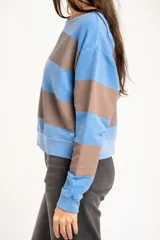 Sweater de algodón con diseño de rayas horizontales anchas en tonos azul y marrón, cuello redondo, mangas largas y puños elásticos.