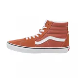 Championes Vans modelo SK8-HI de caña alta, color naranja con detalles en blanco. Confeccionados en una combinación de gamuza y lona, presentan la icónica banda lateral blanca, cordones blancos y suela de goma vulcanizada con la clásica franja negra.