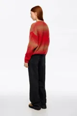 Cardigan corto de corte globo confeccionado en mezcla de alpaca, con botones frontales, escote caja y manga larga con forma. Presenta un diseño bicolor con bloques de color rojo y marrón.