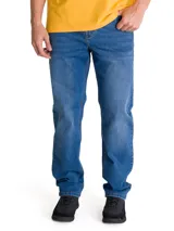 Pantalón de jeans Caterpillar de corte clásico, color azul, con diseño de cinco bolsillos y costuras en contraste.