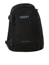 Mochila negra de poliéster con logo CNCpt y Jack & Jones en gris.