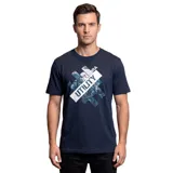 Remera de algodón color azul marino, con cuello redondo y manga corta. Presenta un estampado gráfico frontal con la palabra 'UTILITY' y el logo de la marca sobre un diseño de bloques diagonales.