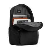 Mochila urbana Cat color gris, con compartimento principal amplio, bolsillo frontal con cierre, correas de compresión laterales, bolsillos laterales de malla y logo de la marca en parche amarillo.