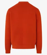 Sueter de punto liviano para hombre, de color naranja con textura acanalada horizontal, cuello redondo y mangas largas con puños ajustados.
