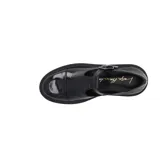 Mocasín negro charol con plataforma y hebilla lateral.