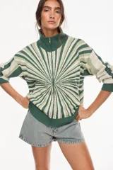 Campera de punto de algodón y acrílico, con diseño geométrico radial en tonos verdes y blanco, cuello alto y cierre frontal completo.