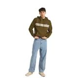 Canguro verde con capucha y cordones ajustables, bolsillo tipo canguro y logo "Rhythm" bordado en el pecho. Presenta dos franjas horizontales blancas en la parte superior.