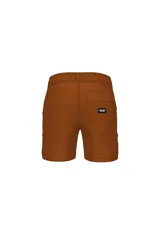 Short de baño color turquesa con cintura elástica y cordón de ajuste. Presenta un estampado lateral con un patrón de damero blanco y un logo estilizado en blanco en la parte delantera izquierda.