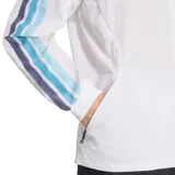 Campera deportiva Adidas de la Selección Argentina, modelo Anthem. Diseño en color blanco con cierre frontal, cuello alto y detalles en las mangas con franjas celestes y azules. Incluye el logo de Adidas y el escudo de la AFA en el pecho.