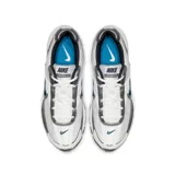 Championes de running Nike modelo Initiator, con diseño técnico en colores blanco, gris y detalles en azul oscuro. Presentan una estructura de malla transpirable con refuerzos sintéticos, entresuela amortiguada y suela de goma resistente.