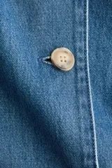 Campera de sarga de mezclilla azul, con cuello elevado, cierre frontal de botones y canesú fruncido. Tiene mangas largas abullonadas con puños ajustados y bolsillos laterales insertados.