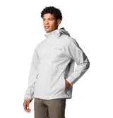 Campera impermeable y transpirable Columbia Earth Explorer II Omni-Tech, color gris, con capucha ajustable, cierre frontal con solapa, bolsillos con cremallera y puños ajustables con velcro.
