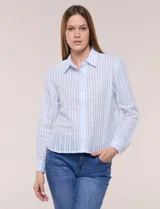 Camisa de algodón calado, con diseño a rayas en tonos celestes y blancos, cuello con solapa, cierre frontal con botones y mangas largas con puños abotonados.