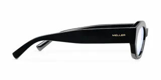 Lentes con armazón negro de diseño geométrico angular y tecnología blueblocker para protección contra la luz azul de pantallas.