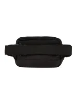 Riñonera unisex de tela acolchada color verde militar, con compartimento principal y bolsillo frontal con cierre, y correa ajustable negra.