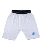 Calza larga blanca de poliéster con cintura elástica negra con logo Umbro repetido.
