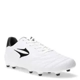 Championes de fútbol Topper modelo San Ciro V FG, color blanco con detalles en negro. Presentan capellada de cuero sintético con costuras reforzadas, cierre con cordones y suela con tapones para césped natural.
