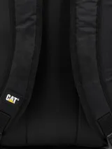 Mochila Cat modelo Explorer de diseño funcional en color negro. Cuenta con compartimento principal con espacio acolchado para laptop, bolsillo frontal con cierre, bolsillos laterales de malla y detalles de cordones en contraste. Incluye correas acolchadas, panel trasero ergonómico y logotipo reflectante.