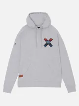 Canguro gris con capucha y cordones ajustables, con estampado en la espalda con diseño geométrico en forma de equis (X) con motivos tribales en colores rojo, naranja, azul y blanco.