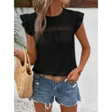 Blusa de tela broderie color negro, con cuello redondo, mangas cortas con volados y detalle de calado horizontal en la parte superior del pecho.