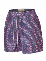 Short de baño azul marino con estampado integral de peces en tonos rosados y rojos, cintura elástica con cordón ajustable blanco y bolsillos laterales.