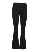 Jean de tiro alto con corte flare, confeccionado en denim elástico. Presenta un diseño ajustado en la parte superior que se ensancha gradualmente desde la rodilla hacia el ruedo.