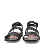 Sandalias de cuero color marrón, con diseño de tiras cruzadas y talón cubierto con tira ajustable mediante hebilla. Presenta detalles calados en las tiras y tacón cuadrado bajo.