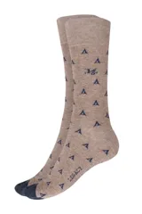 Medias de caña alta marca Legacy, color gris con diseño estampado de pequeñas carpas en azul marino, punteras y talones en contraste.
