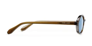 Lentes de sol con montura ovalada de color mostaza y cristales celestes polarizados.