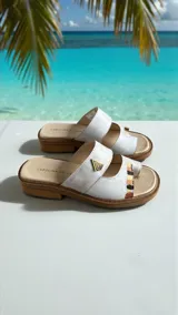 Sandalias de cuero blanco modelo Lena de Carolina De Cunto, con diseño de doble tira, sujeta dedo y detalle de aplique metálico y pintura artesanal multicolor en la tira frontal. Cuenta con base acolchada y suela con textura de yute.