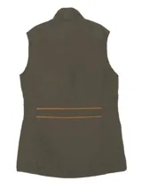 Chaleco azul marino con forro interior rojo, cuello alto y cierre frontal con botones dorados.