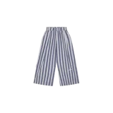 Pantalón wide leg de corte holgado, con diseño de rayas verticales en tonos azul y blanco, cintura elástica y pequeño logo estampado en la pierna izquierda.