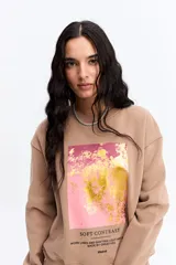 Buzo de algodón color beige con cuello redondo y estampa central rectangular en tonos rosa y dorado. Presenta un diseño de calce relajado con puños y ruedo acanalados.