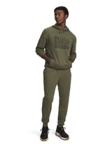 Pantalón de jogging Under Armour Project Rock, color verde militar, con cintura elástica, bolsillos laterales y puños acanalados en los tobillos. Presenta el logo de la colección Project Rock bordado en la pierna derecha.