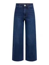 Jeans wide leg cropped de tiro alto en color azul, confeccionados en denim elástico, con bolsillos decorativos y botamanga sin costura.