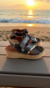 Sandalias de cuero color marrón oscuro con plataforma y taco de 5 cm. Tienen tiras cruzadas en el empeine con apliques metálicos decorativos y un dije colgante en forma de triángulo, además de una tira con cierre ajustable en el talón.