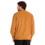 Buzo de cuello redondo color marrón tostado, con logo de Caterpillar estampado en negro en el pecho y detalle de triángulo amarillo bordado en la manga izquierda. Presenta puños y bajo de punto elástico.