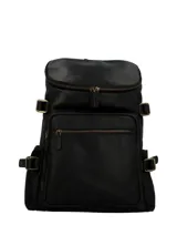 Mochila Hush Puppies fabricada en cuero natural negro, con compartimento principal con cierre, bolsillo acolchado para laptop, múltiples bolsillos frontales y laterales con cierre, cintas laterales ajustables y correas acolchadas.