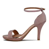 Sandalia de tacón alto Vizzano, color dorado con acabado brillante/glitter. Presenta una tira ancha en la parte delantera y una tira fina ajustable alrededor del tobillo. Tiene plataforma delantera.