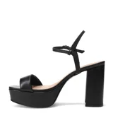 Sandalias de mujer marca Bottero, color negro, con plataforma alta y taco block. Presentan una tira frontal ancha y una pulsera fina ajustable al tobillo con hebilla metálica.